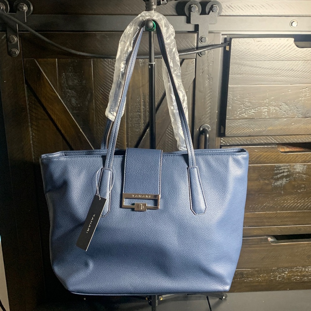 NWT Tahari Gambler Navy Pebbled Faux Leather Large Tote Shoulder Bag MSRP $99